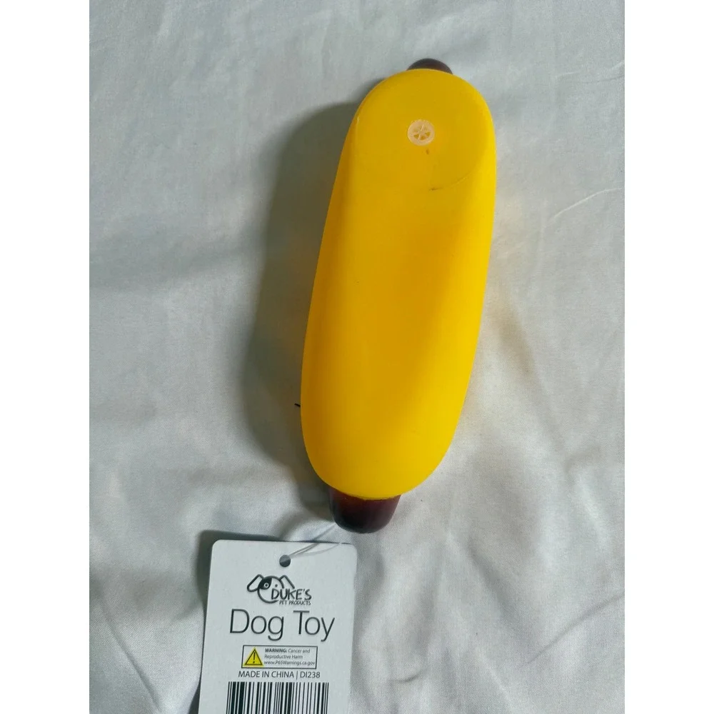 Duke's Pet Products Squeaky Hot Dog Dog Toy Yellow Brown Vinyl DI238 NWT